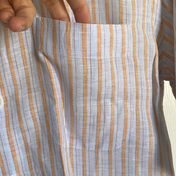 BRIONI ITALY 100% LUXURY LINEN SHIRT Mens Large Blue Stripe Short Sleeve - Picture 4 of 13